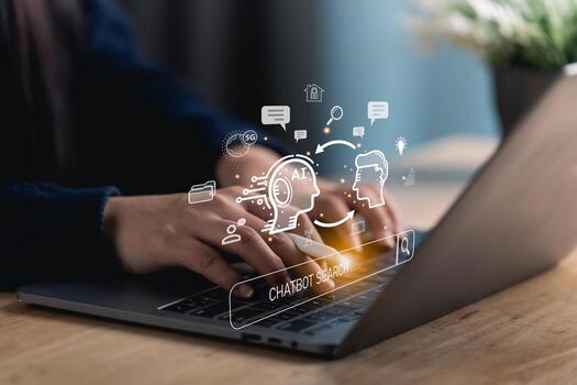 Focus on the hands of a person typing on a laptop, complemented by virtual graphics illustrating chatbot and AI concepts, symbolizing modern digital interactions. photo