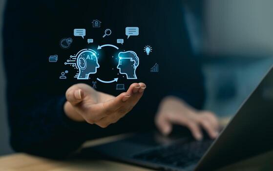 Explore the dynamic relationship between artificial intelligence and human intelligence in a modern workspace, featuring digital graphics and engaging concepts. photo