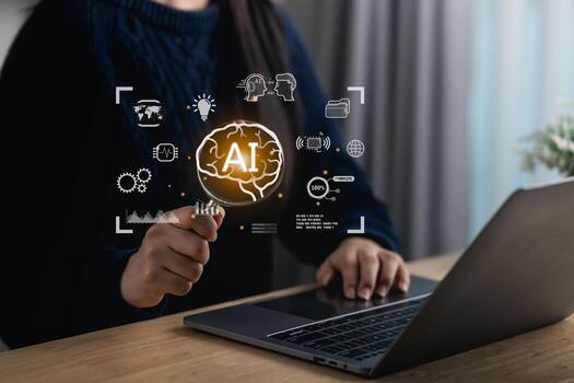 Person using magnifying glass, Engaging with Artificial Intelligence Concepts While Working on Laptop at Wooden Desk in Modern Indoor Workspace photo
