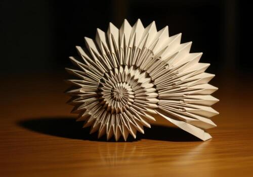 Intricate folded paper sculpture resembling nautilus shell with detailed textures and dramatic lighting Origami Design photo