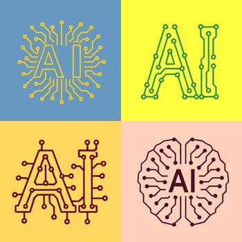 AI in four blocks, each circuit-themed on solid colors vector