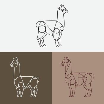 Geometric-style line art of an alpaca shown three times in different color schemes vector