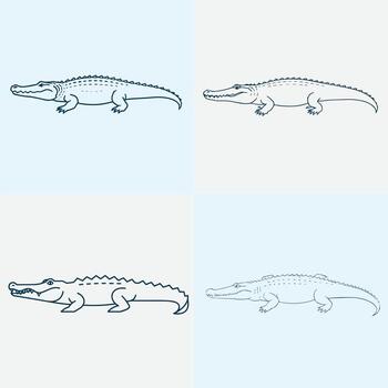 Four line-drawn alligators, each rendered with differing design styles vector