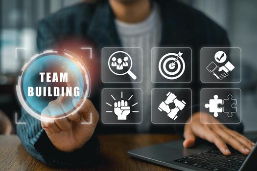 Engaging team building concept featuring digital icons symbolizing collaboration, unity, and teamwork in a modern workspace. photo