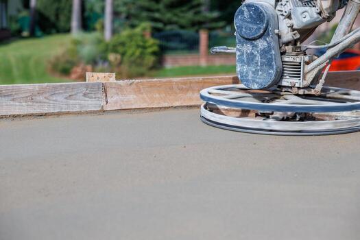 A concrete finishing machine with visible circular blades smooths fresh concrete within a wooden frame. Grass, trees, and a fence are in the background. photo