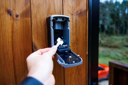 A hand inserts a key into an open wall mounted lockbox on a wooden surface. An orange vehicle is partially visible, with trees in the distance. photo
