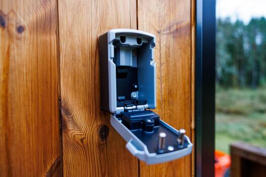 A metallic gray lockbox with an open door is mounted on a wooden surface with visible grain patterns. Blurred vegetation suggests an outdoor setting. photo