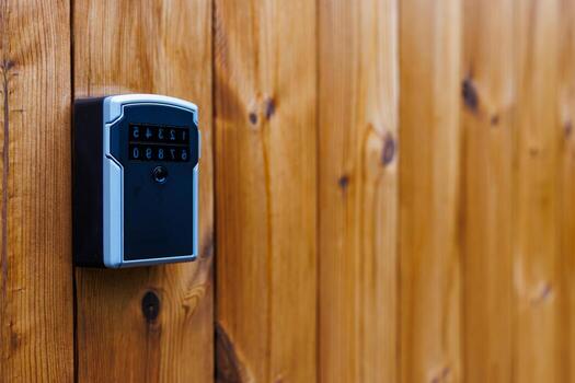 A black and silver lockbox with a numeric keypad and keyhole rests on a wooden surface with visible grain patterns and knots. photo