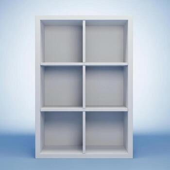 A modern white cube shelving unit with six compartments arranged in two columns and three rows isolated on white background photo