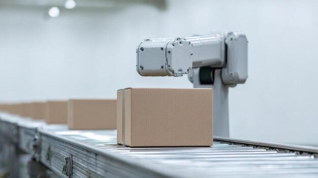 Automated robotic arm lifting resolute cardboard boxes, conjuring visions of efficiency and innovation, International Robotics Week allure photo