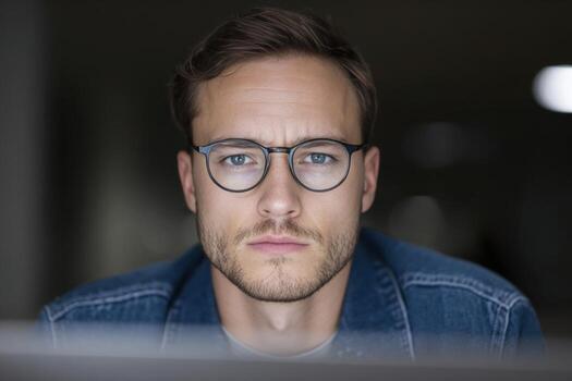 Focused Caucasian man with glasses gazes at the screen, embodying techie introspection, perfect for International Programmers Day photo