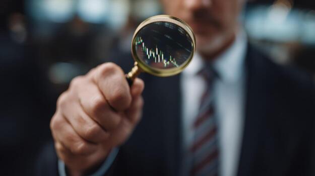A curious businessman peers through a magnifying glass at stock data, embodying Sherlock Holmes Day and Pi Approximation Day photo