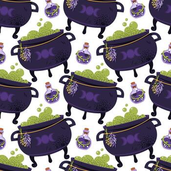 sin costura modelo con bruja caldera y magia poción sin costura modelo. Víspera de Todos los Santos brujería antecedentes para regalo envoltura, textil, fondo de pantalla vector