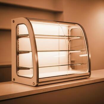 A sleek glass display case with multiple shelves ideal for showcasing pastries or desserts isolated on white background photo