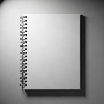A blank spiral bound notebook with clean white pages casting a subtle shadow isolated on white background photo