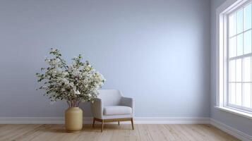 A solitary armchair embraces minimalist comfort, anchored by blossoming tranquility vase, perfect for mindful meditation or Navruz renewal photo