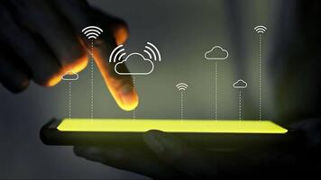 Cloud technology concept with mobile phone and touch interaction for data transfer video