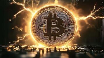 Bitcoin ist gezeigt im ein dunkel Hintergrund mit Blitz video