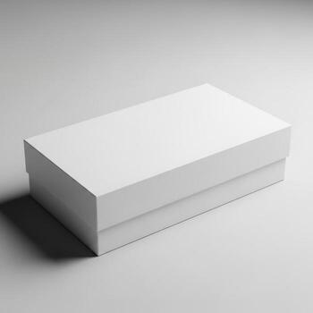 A closed rectangular white cardboard gift box with a lid casting a subtle shadow isolated on white background photo
