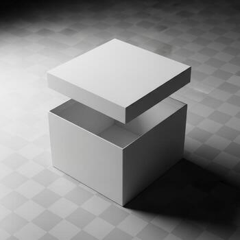 A simple white cube with its lid slightly ajar casting a shadow isolated on white background photo