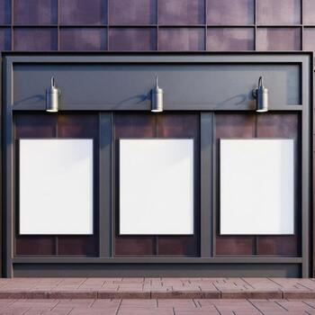 Three blank white poster frames mounted on a dark wooden building facade with overhead lights isolated on white background photo