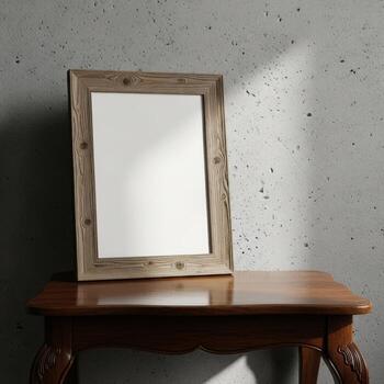 Rustic wooden framed mirror reflecting light standing on a polished wooden table isolated on white background photo