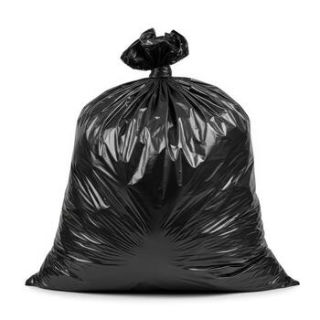 un lleno negro basura bolso atado cerrar y en pie vertical en un llanura blanco antecedentes aislado en blanco antecedentes foto