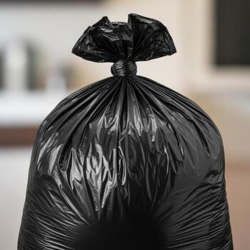 A tightly tied black garbage bag filled with refuse presented isolated on a clean white background for clear visual emphasis isolated on white background photo