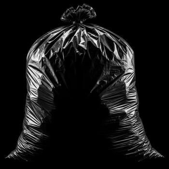 A full black garbage bag tied shut and standing upright isolated on white background photo