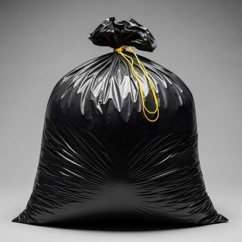 A full black garbage bag tied securely with a yellow drawstring presented isolated on white background photo