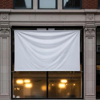 Blank white banner stretched across a storefront window with architectural details isolated on white background photo