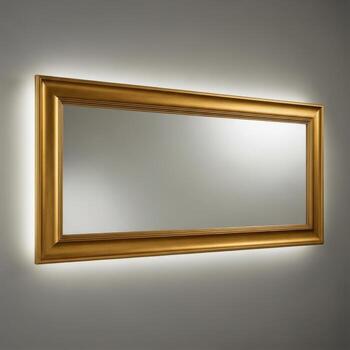 Elegant rectangular ornate gold framed mirror with integrated backlighting isolated on white background photo