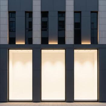 Modern building facade with illuminated rectangular windows and vertical architectural elements isolated on white background photo