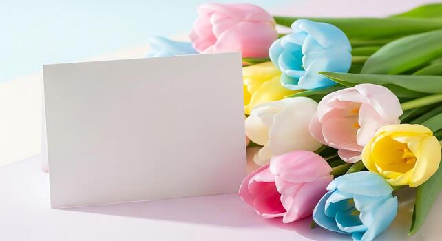 Colorful tulips and blank card, perfect for spring greetings and messages. photo