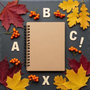 Autumnal composition with craft notebook and alphabet letters arranged with fall leaves and berries isolated on white background photo