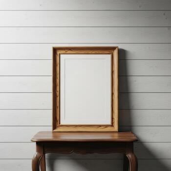 A rustic wooden picture frame with a blank white canvas stands on a dark wooden table against a white plank wall isolated on white background photo
