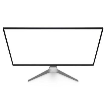 Modern computer monitor with a sleek metallic stand displaying a blank white screen isolated on white background photo