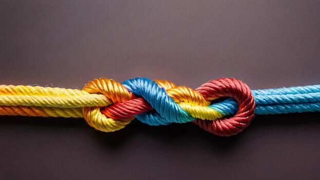 multicolor cuerdas atado juntos en un nudo simbolizando unidad y trabajo en equipo. foto
