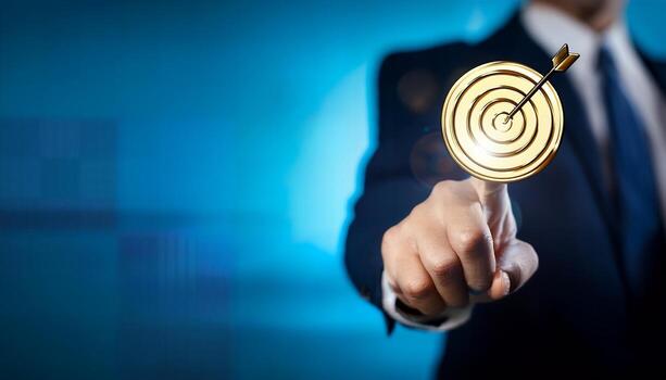 Businessman pointing at a golden target with an arrow in the center. photo