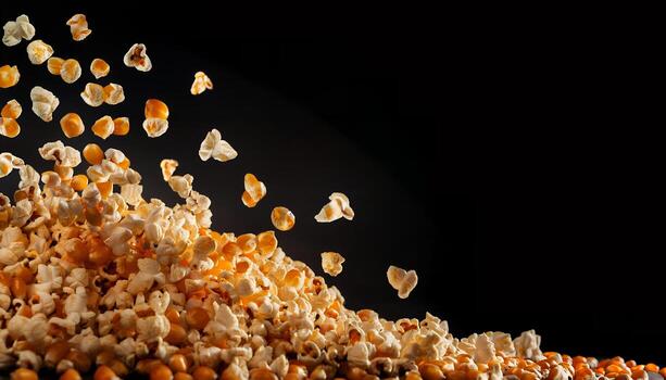Buttery popcorn kernels exploding against black background. photo