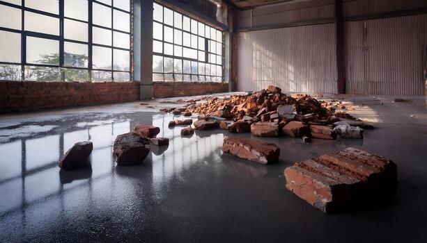 Demolition debris, broken bricks scattered on a polished concrete floor in a large industrial space with expansive windows. photo