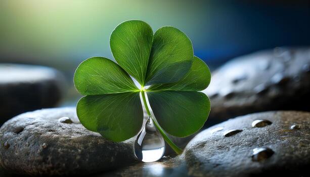 Serene Clover Leaf on Smooth Stones A Symbol of Luck and Tranquility photo