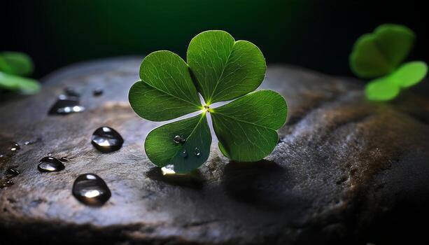 Four Leaf Clover on a Dark Stone with Water Droplets photo