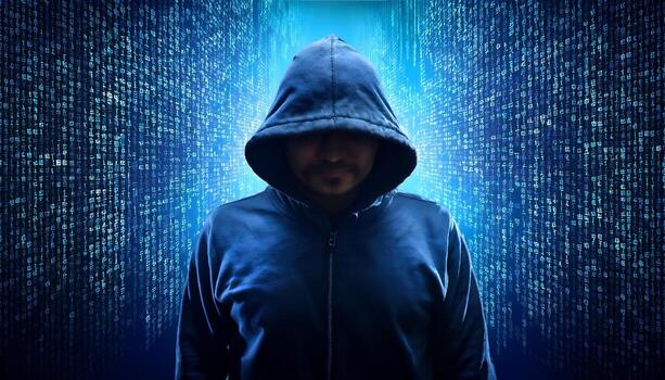 Hooded figure in digital matrix. photo
