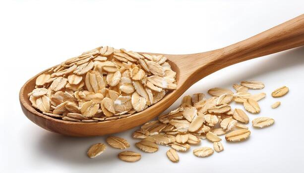 Rolled Oats in Wooden Spoon A Close-Up View of Nutritious Breakfast photo