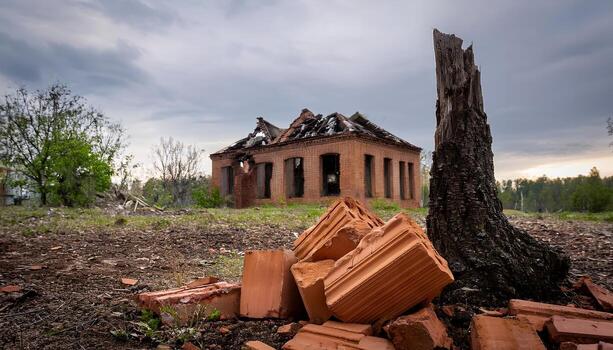 Ruined brick building, broken bricks, tree stump, overcast sky. photo
