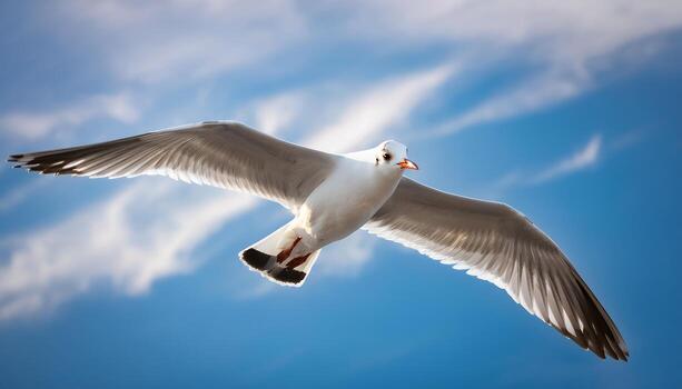Majestic Seagull in Flight, Soaring Through Azure Skies photo