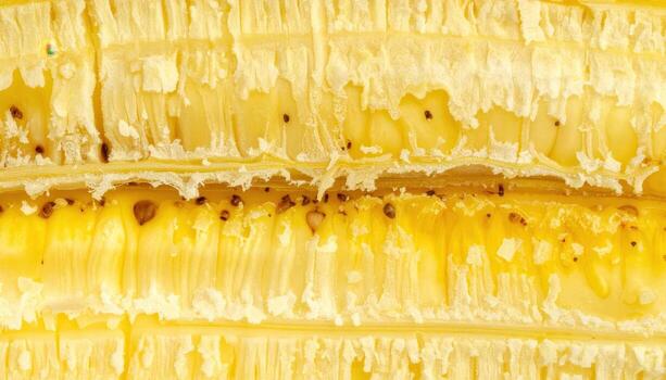 Realistic macro banana peel inner cell pattern soft yellow broad right space wallpaper background representing plant texture suitable for organic design photo