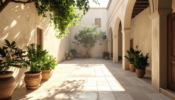 Neutral courtyard floor long morning shadows clear zone wallpaper background representing architecture scene detail suitable for modern design photo