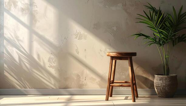 Simple wooden stool against matte wall broad empty wallpaper background representing furniture detail suitable for rustic minimal design photo